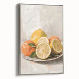 Landscape art painting of colorful fruits on a vintage poster, presented in a black frame, ideal for kitchen wall decor.