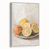 Vintage poster art of colorful fruits on a white framed canvas, ideal for living room decor.