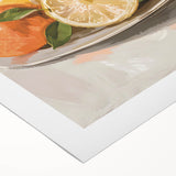 Art deco poster of assorted fruits in vibrant colors on rolled canvas, ideal for dining room wall art.