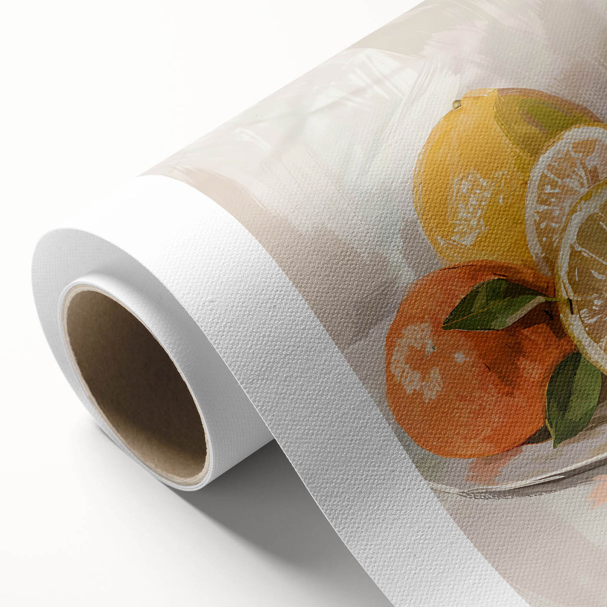 Art Deco style poster featuring assorted fruits in vibrant colors on rolled canvas.