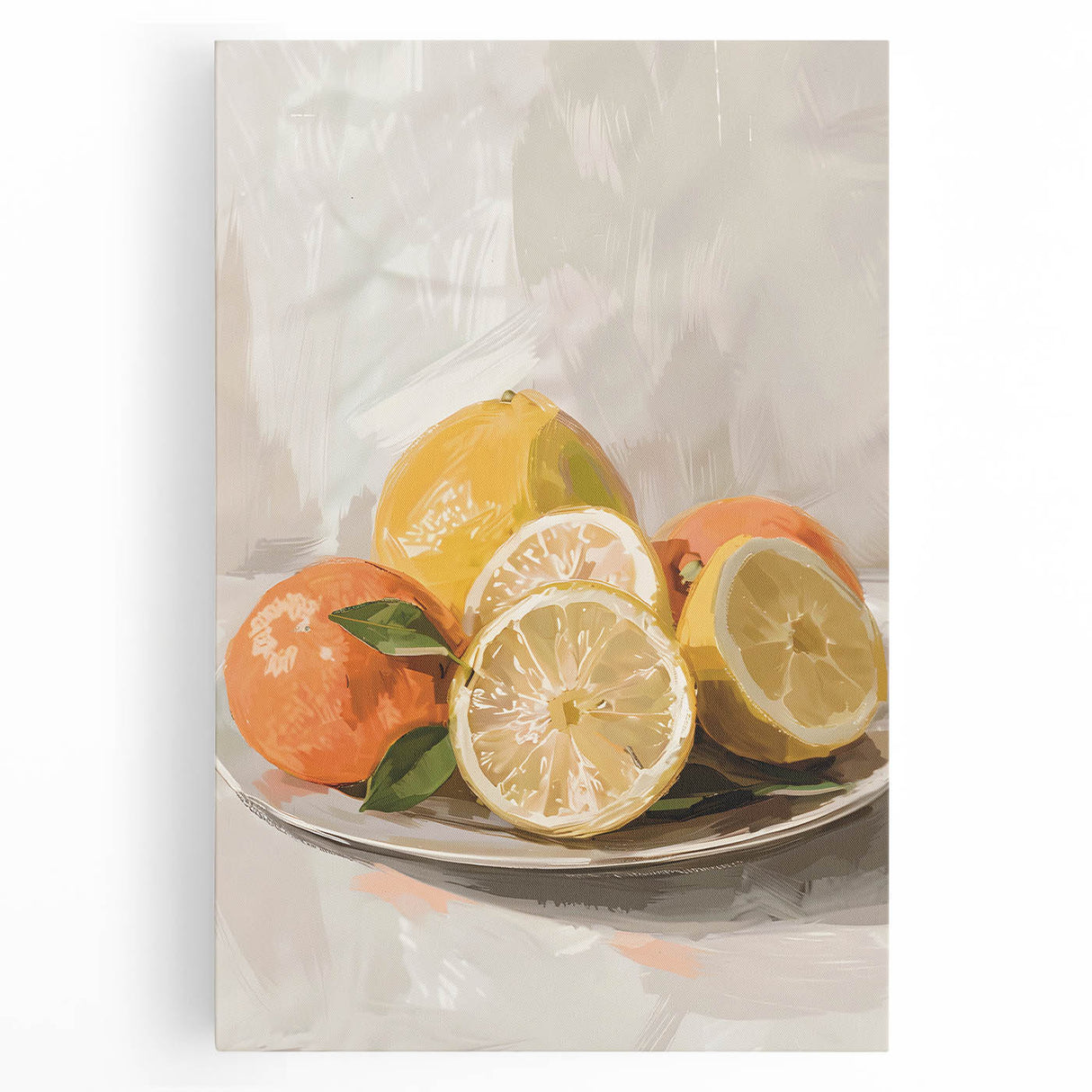 Black and white large art print of assorted fruits on stretched canvas, suitable for kitchen wall art.