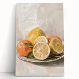 Black and white stretched canvas featuring an array of assorted fruits, ideal for kitchen wall art.