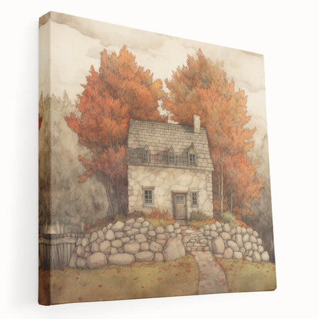 Autumn-themed abstract painting in warm orange and red tones on stretched canvas, ideal for kitchen wall decor.