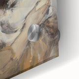 Abstract figurative acrylic artwork displayed on a glass surface, showcasing vibrant colors and intricate brushwork, ideal for modern home decor.