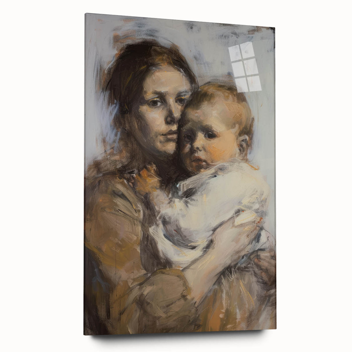 Abstract figurative acrylic artwork displayed from a side view, showcasing vibrant colors and smooth glass finish, perfect for modern home decor.