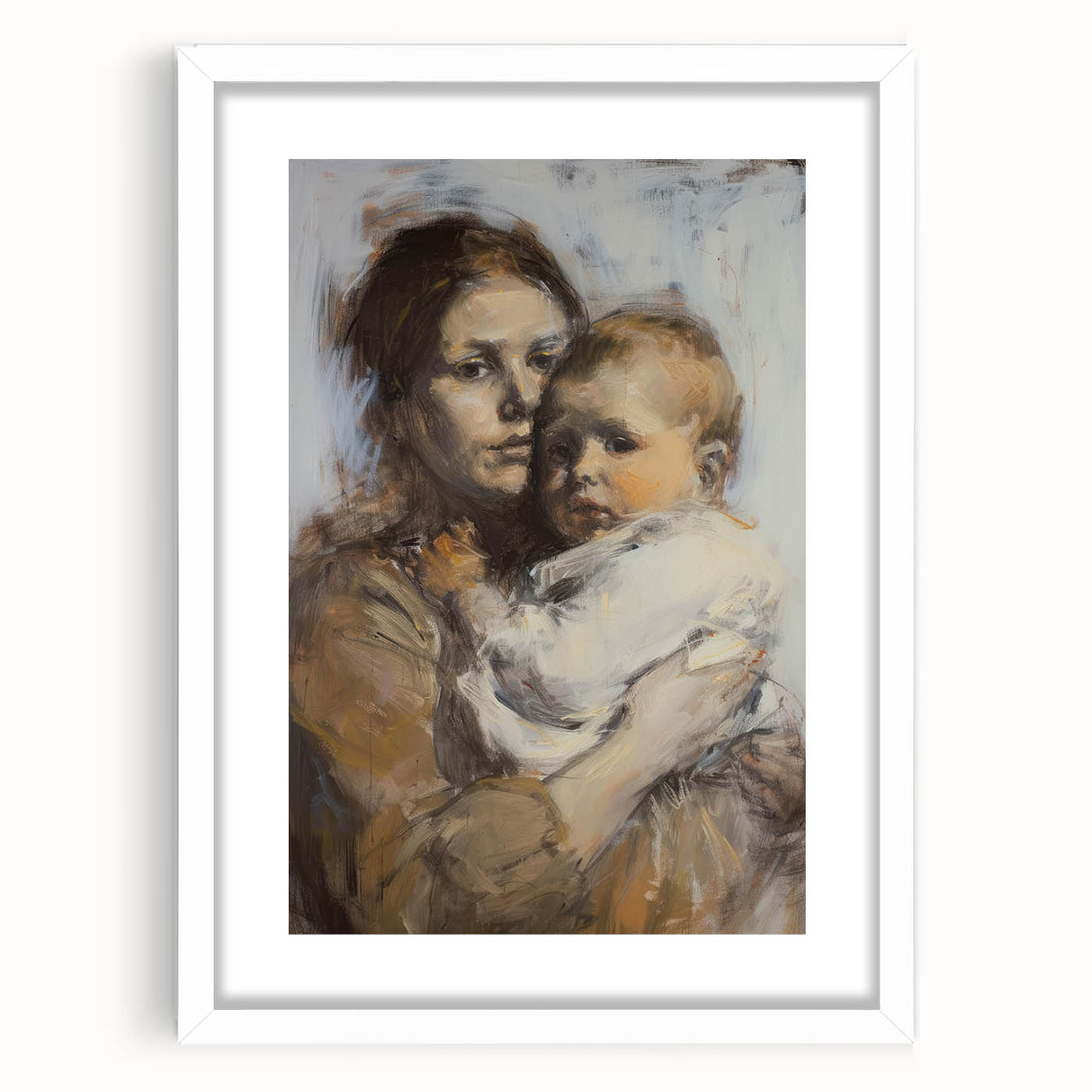 Abstract figurative frame with white mat, showcasing a modern art piece that features vibrant colors and unique shapes, perfect for contemporary home decor.