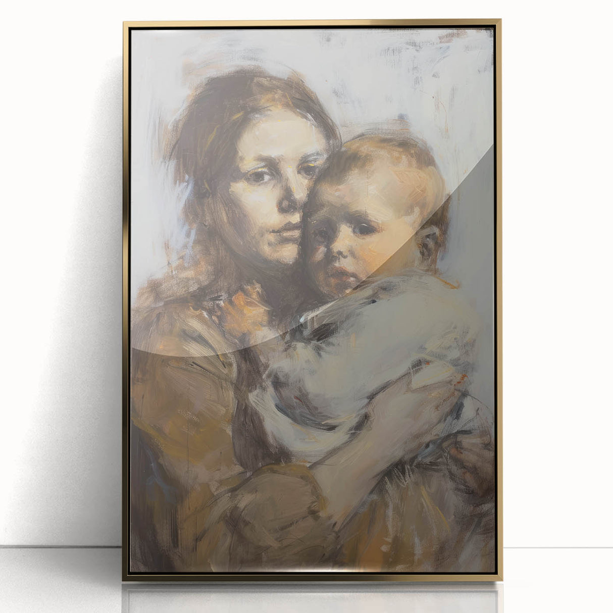 Framed abstract figurative artwork featuring gold accents, displayed against a light background, perfect for modern home decor and artistic interiors.