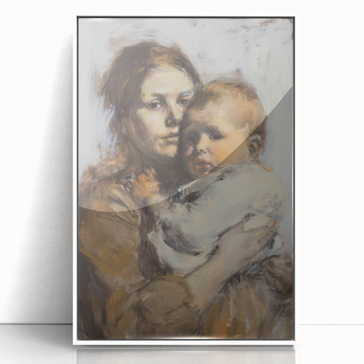 Abstract figurative framed acrylic artwork showcasing vibrant colors and dynamic shapes, set against a white background, perfect for contemporary home decor.