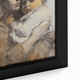 Close-up view of an abstract figurative framed canvas artwork showcasing vibrant colors and intricate details, perfect for modern home decor or art collectors.