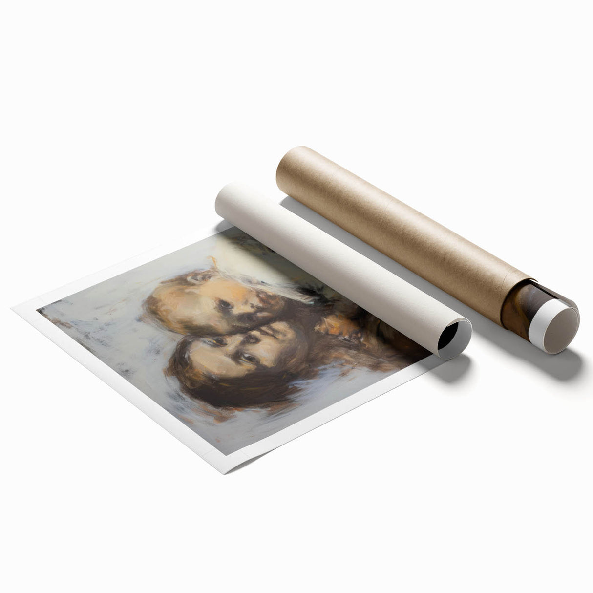 Abstract figurative art print on rolled canvas showcasing vibrant colors and intricate patterns, designed to enhance modern interior decor. Packaged securely in a cardboard tube for easy shipping and display.