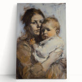 Abstract figurative stretched canvas art piece featuring bold colors and dynamic shapes, leaning against a wall, ideal for modern home decor and artistic expression.