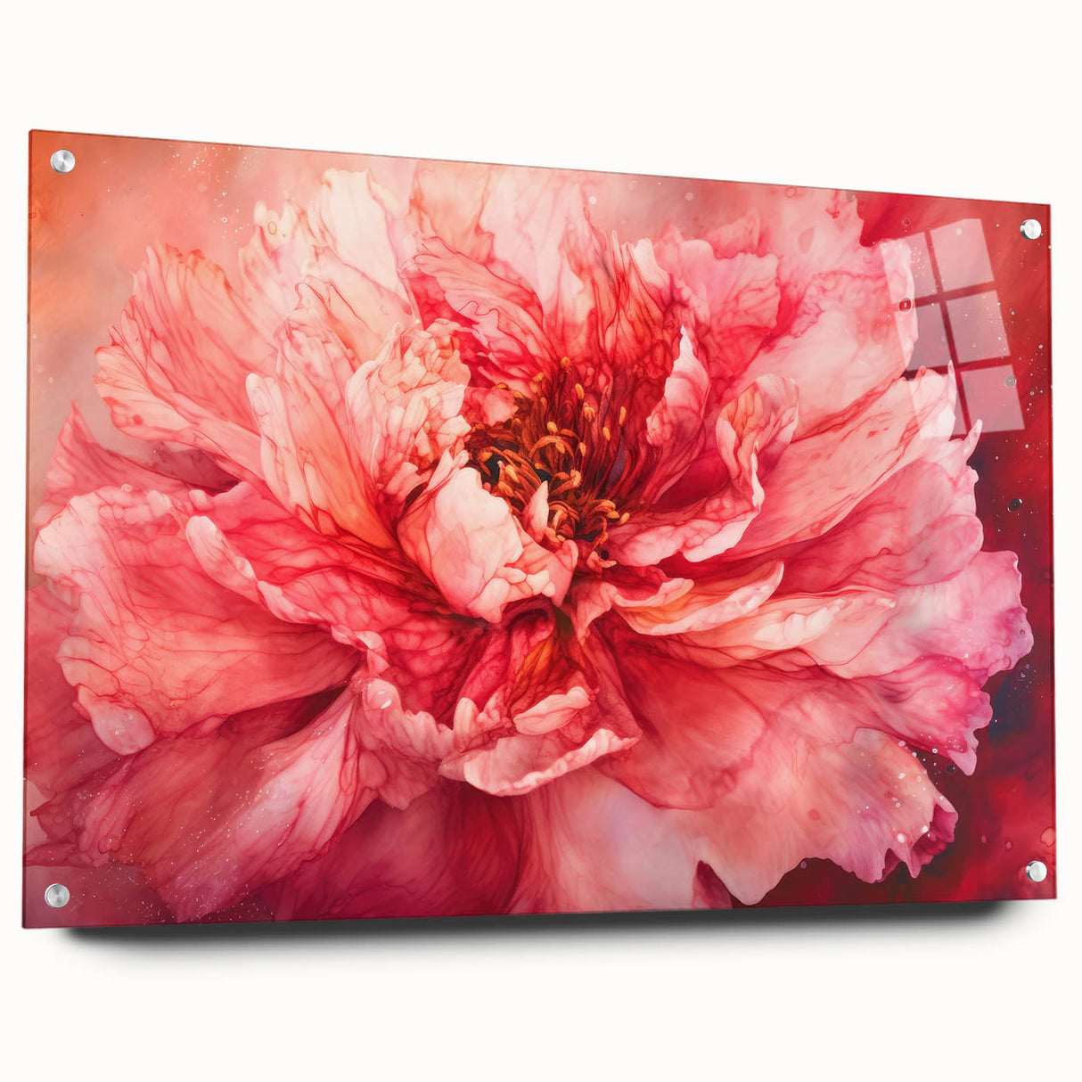 Abstract floral acrylic glass artwork showcasing vibrant colors and intricate designs, displayed from a side view with decorative pins, perfect for modern decor.
