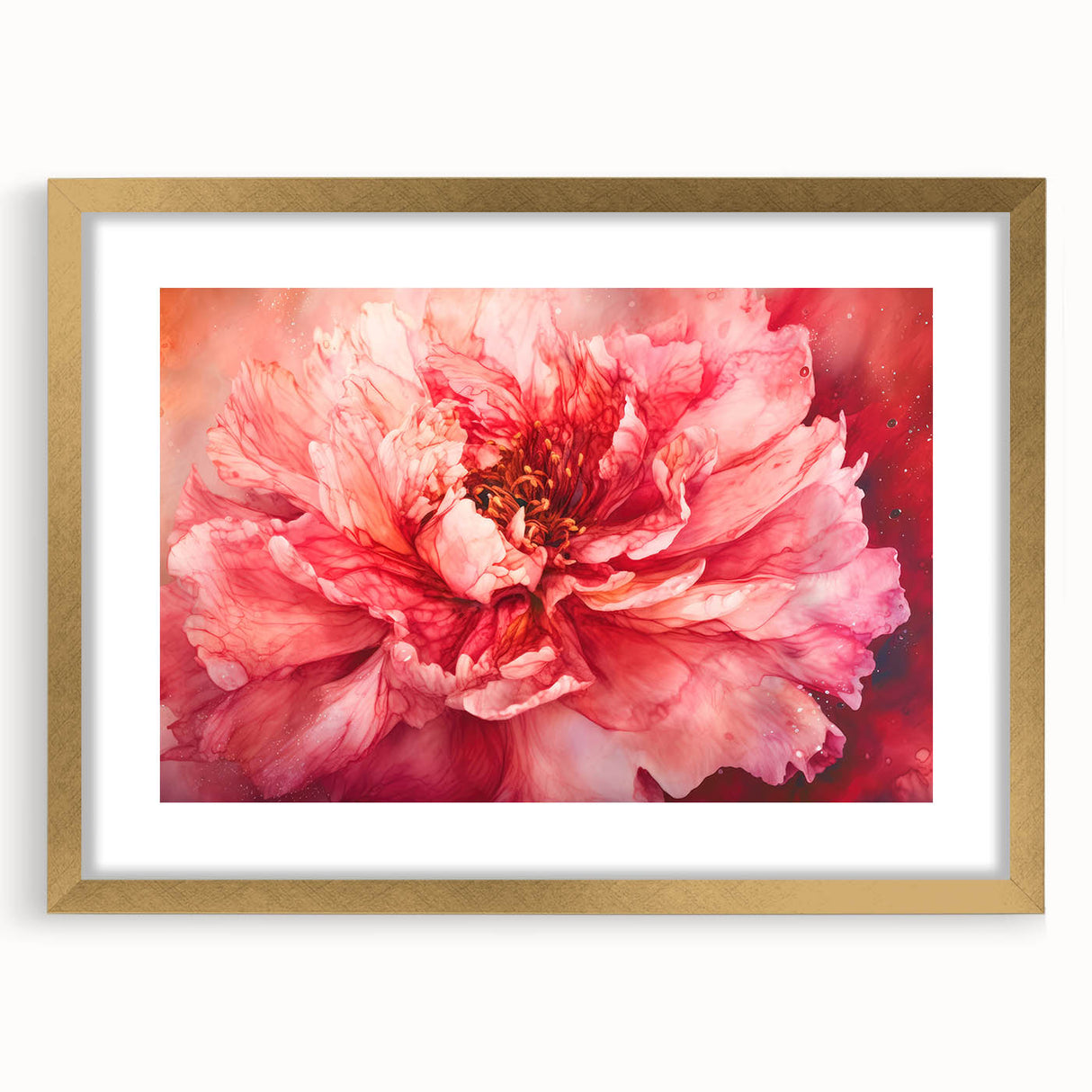 Abstract floral design framed in gold, showcasing vibrant colors and intricate details, perfect for modern home decor. Ideal for adding elegance to any room.