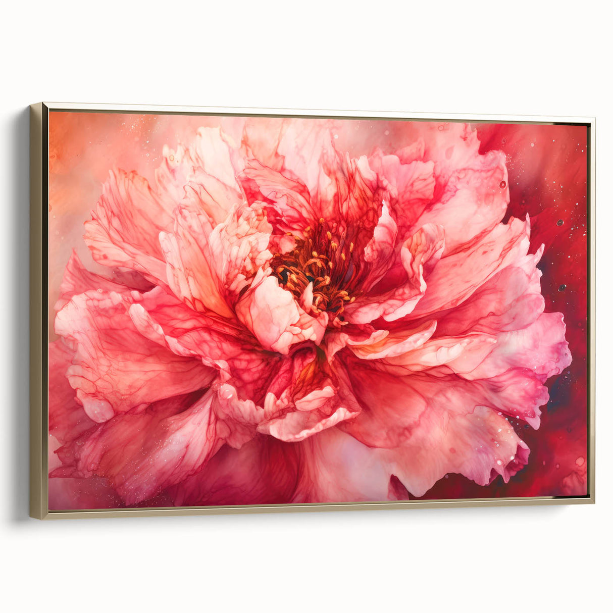 Framed abstract floral canvas artwork with a gold frame, showcasing vibrant colors and intricate designs, perfect for adding elegance to home decor.