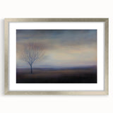 Abstract landscape artwork framed in silver with a mat, showcasing soft hues of blue and green, perfect for modern home decor. Ideal for enhancing living spaces.