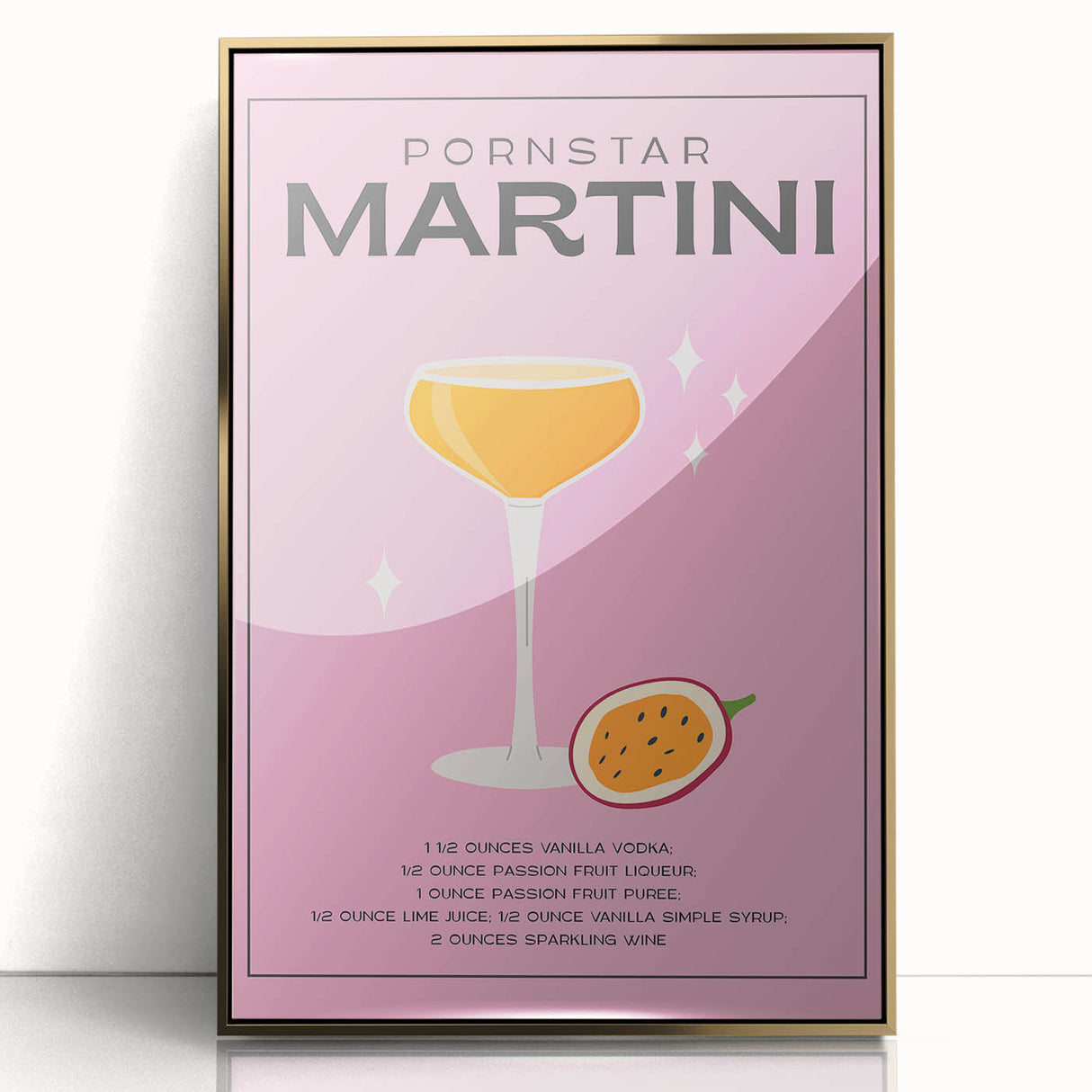 Large art print of food and drinks in mid-century modernist style, framed in gold acrylic, suitable for modern kitchen decor.