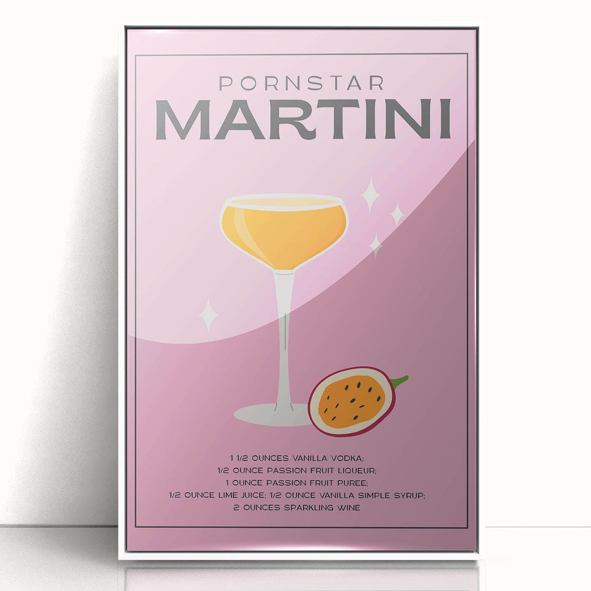 Art deco poster depicting colorful cocktails in minimalist style, framed in white acrylic.