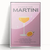 Art deco poster depicting colorful cocktails in minimalist style, framed in white acrylic.