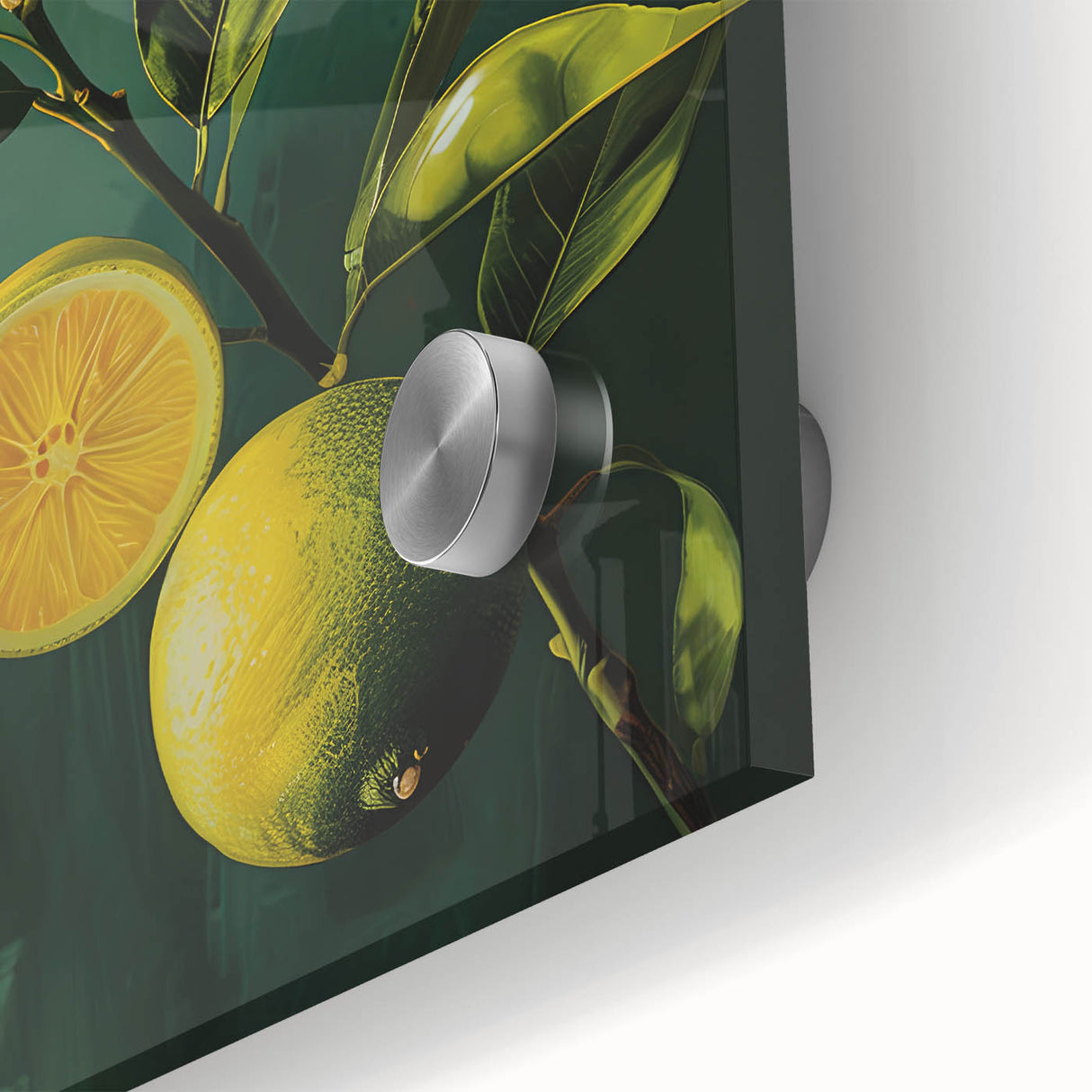 Large abstract wall art featuring assorted fruits in vibrant colors on acrylic glass, ideal for dining room decor.