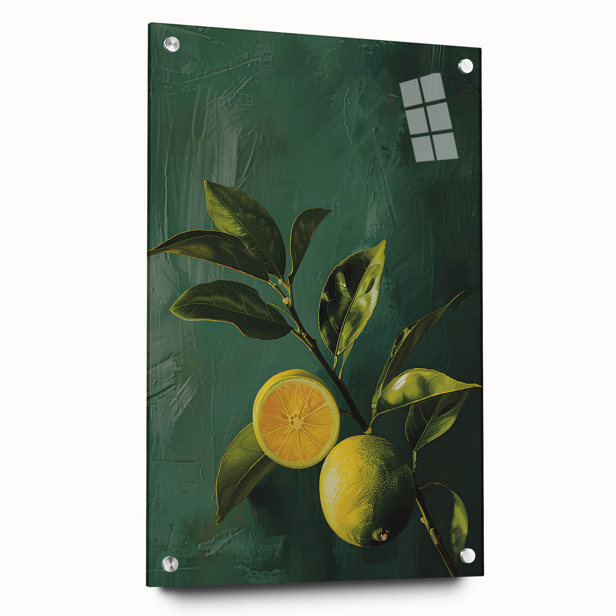 Acrylic print of large abstract fruits in vibrant colors, suitable for dining room or bedroom decor.