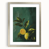 Textured abstract art print featuring an array of fruits in vibrant colors, framed in silver, ideal for bedroom art.