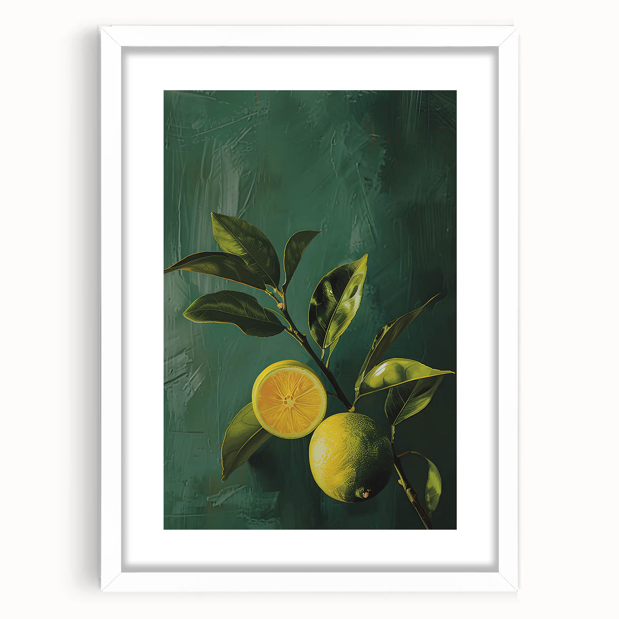 Abstract art print of assorted fruits in vibrant colors on a white framed poster, ideal for dining room decor.