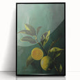 Large abstract wall art featuring an array of fruits in bold colors, framed in black acrylic, ideal for dining room decor.