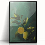 Large abstract wall art featuring an array of fruits in bold colors, framed in black acrylic, ideal for dining room decor.