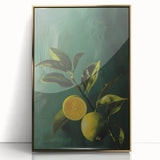 Large acrylic print of vibrant fruits in a gold frame, mid-century modernist style, ideal for nursery wall art.