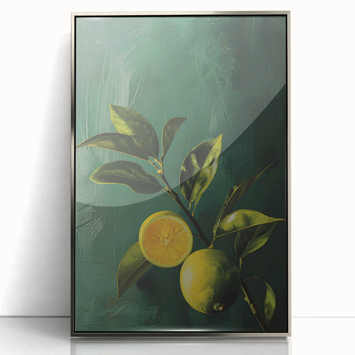 Mid-century modernist art featuring an array of colorful fruits on a silver-framed acrylic print.