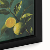 Close-up of black wall art featuring colorful, textured fruits on extra large framed canvas, ideal for living room decor.