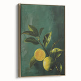 Framed canvas featuring a vintage poster art design of a landscape with fruit motifs in muted gold and black.
