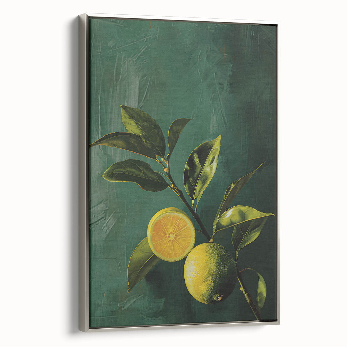 Landscape art painting of colorful fruits on a black background, framed canvas, ideal for kitchen wall decor.