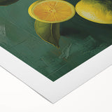 Art deco poster featuring an array of fruits in vibrant colors on rolled canvas, ideal for dining room wall art.
