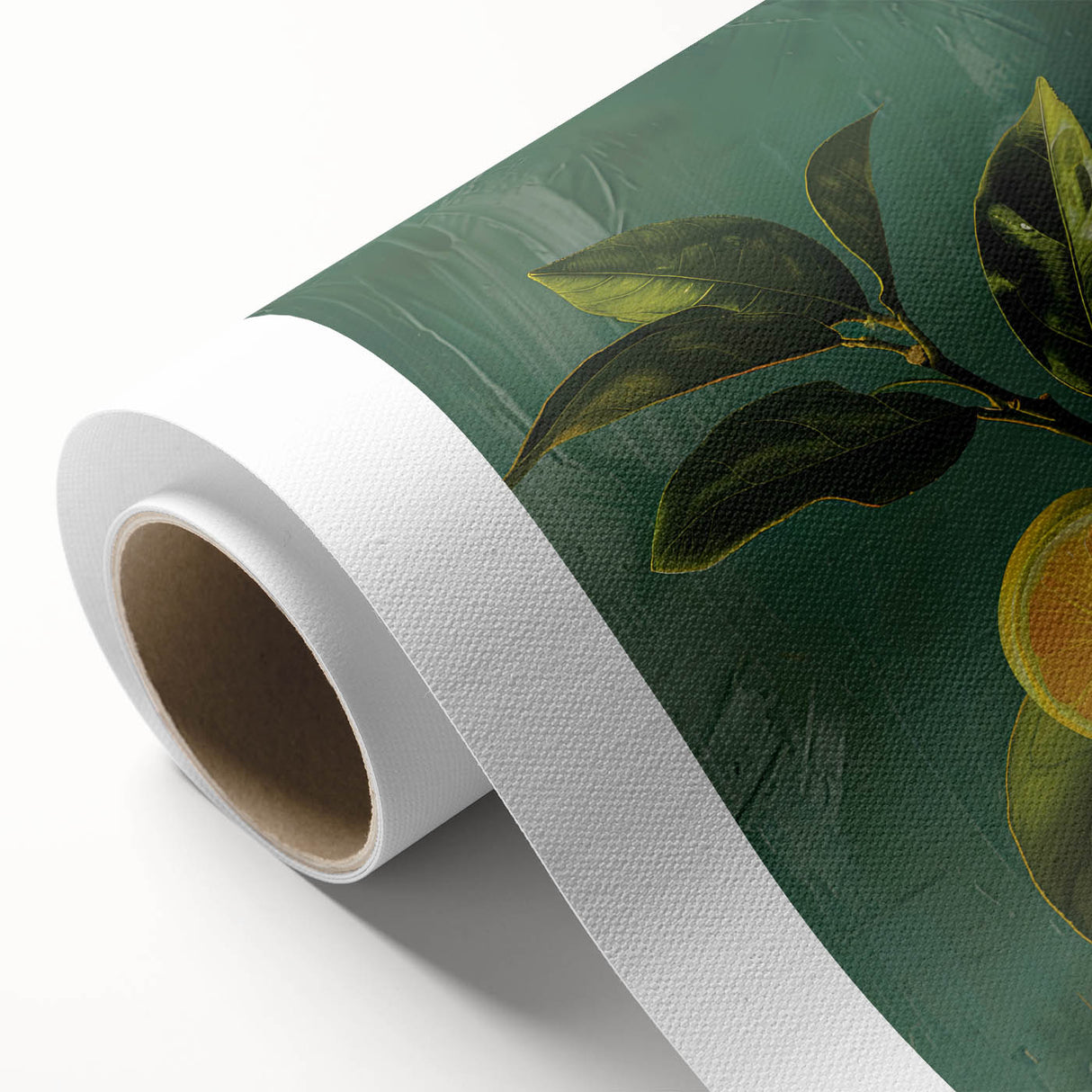 Art Deco style poster of colorful fruits on rolled canvas, suitable as nursery wall art or in a dining room.