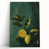 Black and white stretched canvas depicting assorted fruits, ideal for kitchen wall art.