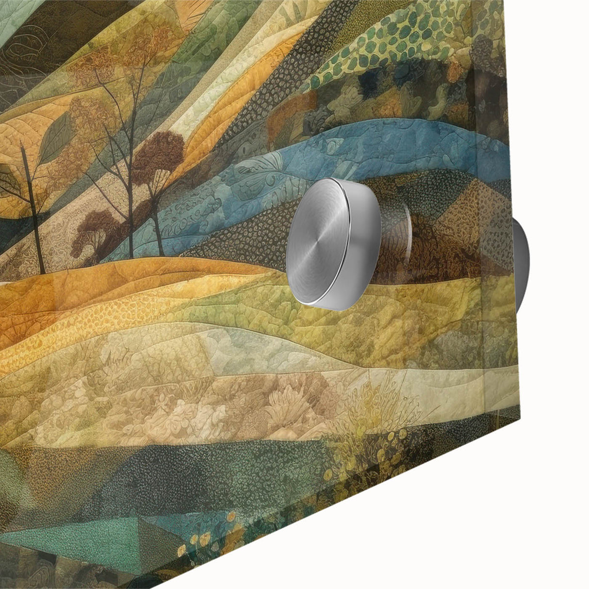 Large abstract wall art depicting autumn colors on acrylic glass, ideal for bedroom or dining room decor.