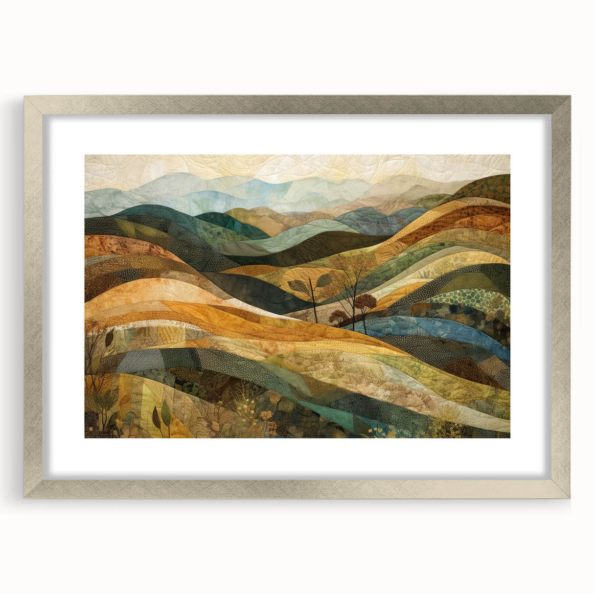 Textured abstract art print depicting autumnal colors in a silver frame, ideal for bedroom wall decor.