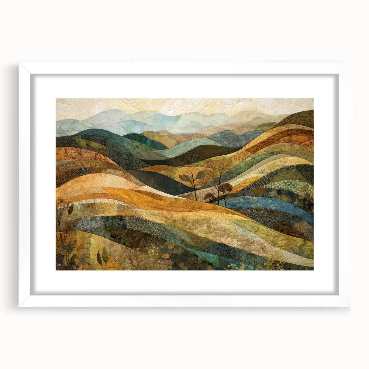 Abstract art print of autumnal trees in warm orange and red tones on a white framed canvas, ideal for dining room decor.