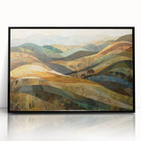 Large abstract wall art featuring fall-themed colors in mid-century modernist style, framed in black acrylic.