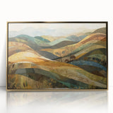 Large art print of a mid-century modernist fall scene in gold tones on framed acrylic, ideal for nursery wall decor.