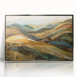 Mid-century modernist art depicting an abstract fall landscape in muted orange and brown tones, framed in silver acrylic.