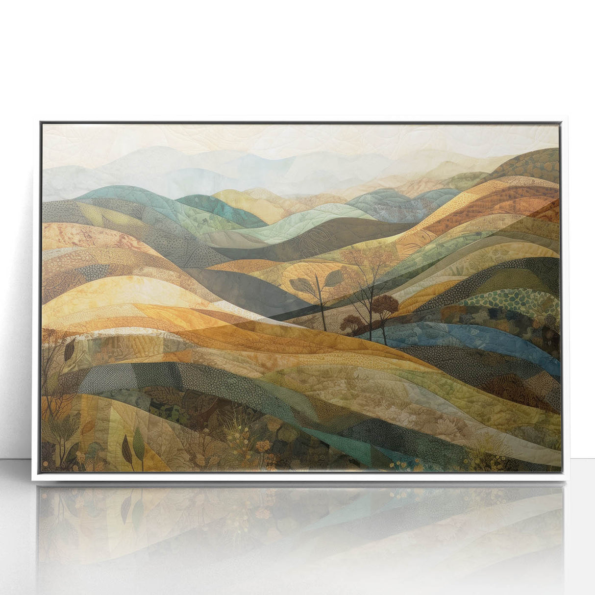Art deco poster featuring autumn-themed design in orange and brown tones on a white framed acrylic.
