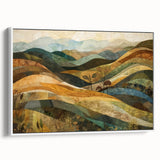 Vintage poster art of a fall scene with colorful leaves on a black background, framed canvas, ideal for living room decor.