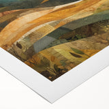 Art deco poster featuring a stylized autumn scene in warm orange and brown tones on a rolled canvas.