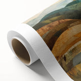 Art deco poster of autumn trees in orange and red hues on rolled canvas, ideal for nursery wall art.