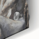 Abstract figurative acrylic artwork displayed on a glass surface, featuring vibrant colors and intricate details that evoke a sense of depth and movement.