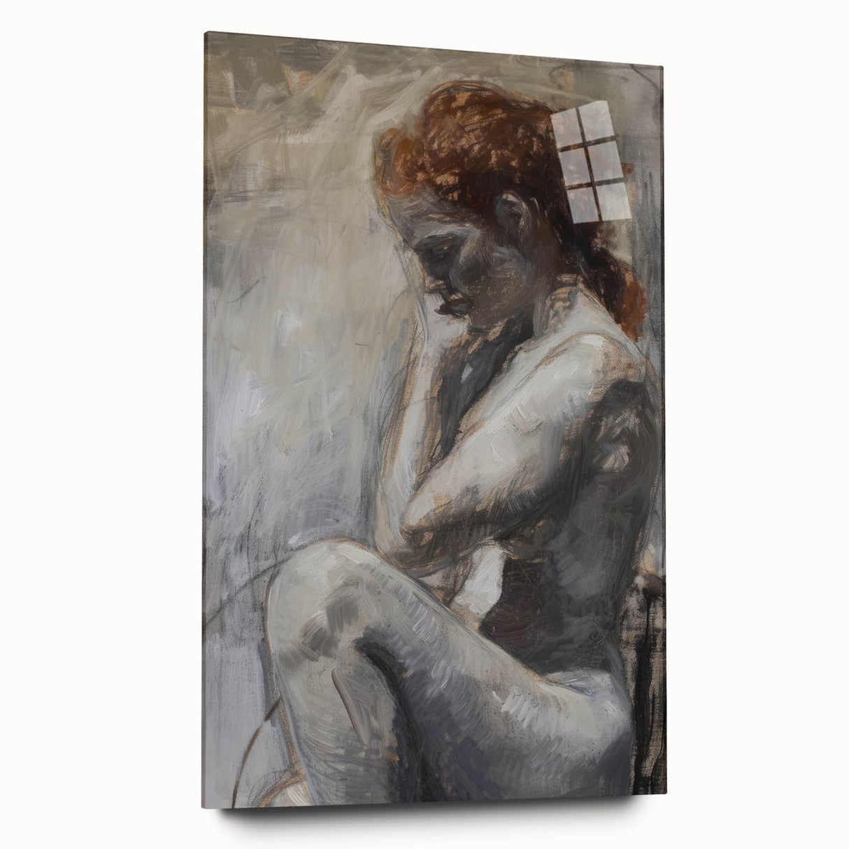 Abstract figurative acrylic artwork displayed in a glass frame, showcasing vibrant colors and dynamic shapes, perfect for modern home decor.