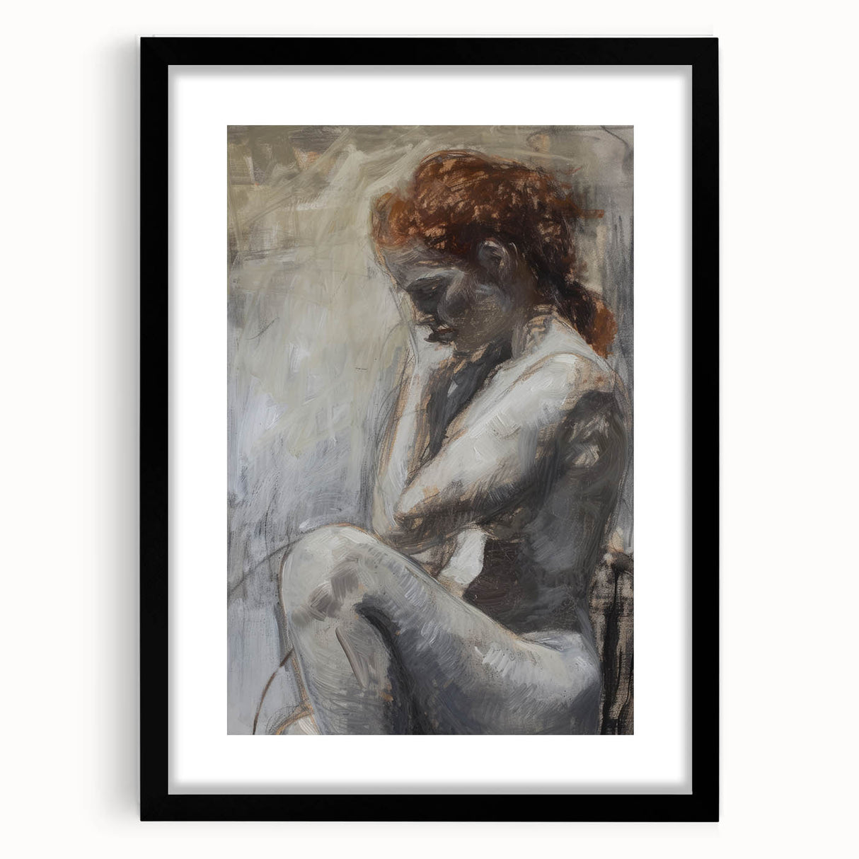 Abstract figurative frame in matte black, showcasing intricate design elements and a double mat for depth, ideal for modern home decor or art display.