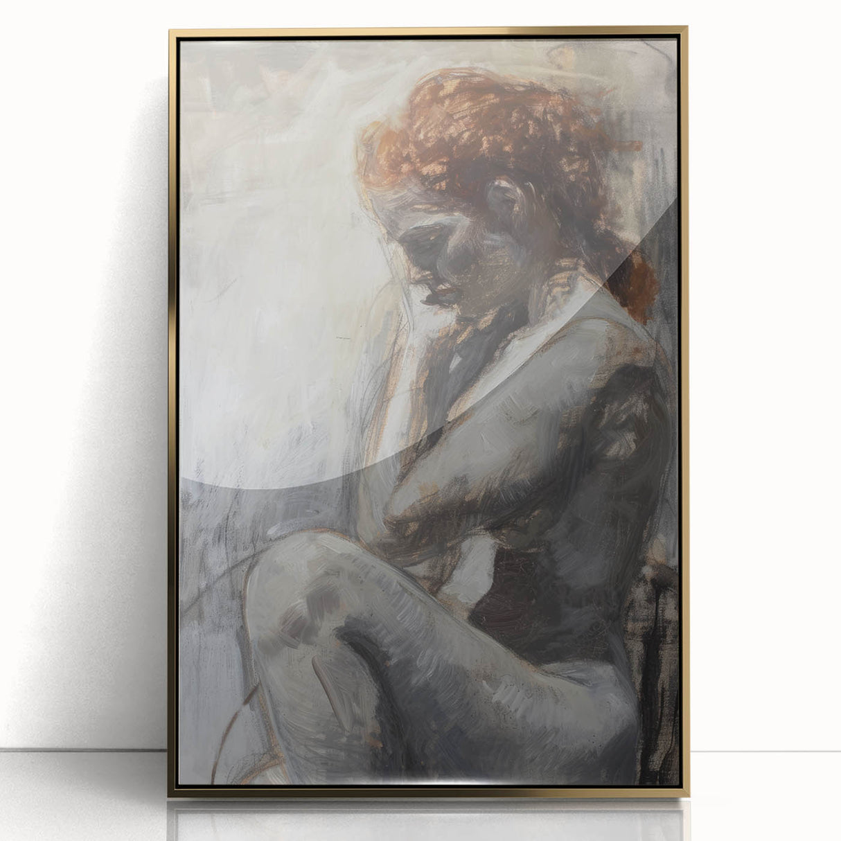 Abstract figurative wall art framed in gold, showcasing vibrant colors and dynamic shapes, ideal for modern home decor. Perfect accent for living spaces.